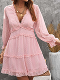Layered Ruffled Open Back Puff Sleeve Swiss Dot Mini Dress