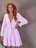 Deep V Neck Lantern Sleeve Knotted Tiered Mini Dress