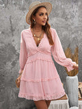 Layered Ruffled Open Back Puff Sleeve Swiss Dot Mini Dress