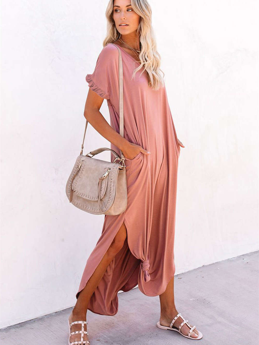 Loose Fit Cotton Blend V Neck Casual Maxi Dress with Slits