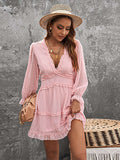 Layered Ruffled Open Back Puff Sleeve Swiss Dot Mini Dress