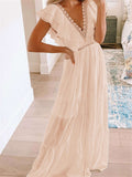 Lace Splicing Ruffled Deep V Neck Maxi Dress