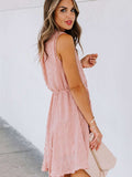 Split Neck Pom Pom Textured Flowy Mini Dress