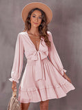 Deep V Neck Lantern Sleeve Knotted Tiered Mini Dress