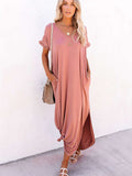 Loose Fit Cotton Blend V Neck Casual Maxi Dress with Slits