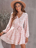 V Neck Baggy Sleeve Waist Tie Double Layer Ruffle Hem Floral Print Short Dress