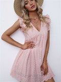 V Neck Ruffled Sleeves Perforating Babydoll Dress