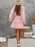 Layered Ruffled Open Back Puff Sleeve Swiss Dot Mini Dress