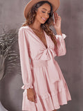 Deep V Neck Lantern Sleeve Knotted Tiered Mini Dress