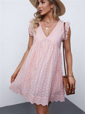 V Neck Ruffled Sleeves Perforating Babydoll Dress