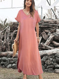 Loose Fit Cotton Blend V Neck Casual Maxi Dress with Slits