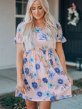 Ruffled Short Sleeve Floral Mini Dress