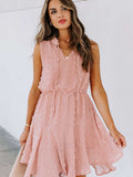 Split Neck Pom Pom Textured Flowy Mini Dress