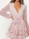 V Neck Baggy Sleeve Waist Tie Double Layer Ruffle Hem Floral Print Short Dress