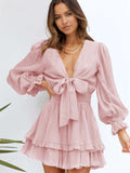 Deep V Neck Lantern Sleeve Knotted Tiered Mini Dress