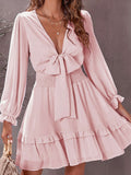Deep V Neck Lantern Sleeve Knotted Tiered Mini Dress