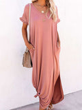 Loose Fit Cotton Blend V Neck Casual Maxi Dress with Slits
