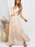 Lace Splicing Ruffled Deep V Neck Maxi Dress