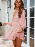 Layered Ruffled Open Back Puff Sleeve Swiss Dot Mini Dress