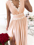 Crochet V Neck Sleeveless Ruched High Waist Maxi Dress