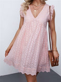 V Neck Ruffled Sleeves Perforating Babydoll Dress