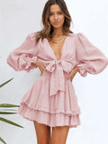 Deep V Neck Lantern Sleeve Knotted Tiered Mini Dress