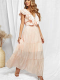 Lace Splicing Ruffled Deep V Neck Maxi Dress