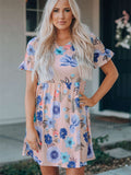 Ruffled Short Sleeve Floral Mini Dress