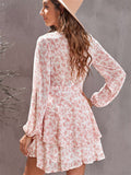 V Neck Baggy Sleeve Waist Tie Double Layer Ruffle Hem Floral Print Short Dress