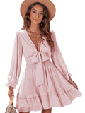 Deep V Neck Lantern Sleeve Knotted Tiered Mini Dress