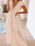 Lace Splicing Ruffled Deep V Neck Maxi Dress