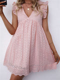 V Neck Ruffled Sleeves Perforating Babydoll Dress