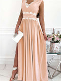 Crochet V Neck Sleeveless Ruched High Waist Maxi Dress