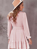 Deep V Neck Lantern Sleeve Knotted Tiered Mini Dress