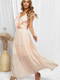 Lace Splicing Ruffled Deep V Neck Maxi Dress