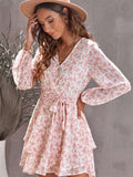V Neck Baggy Sleeve Waist Tie Double Layer Ruffle Hem Floral Print Short Dress