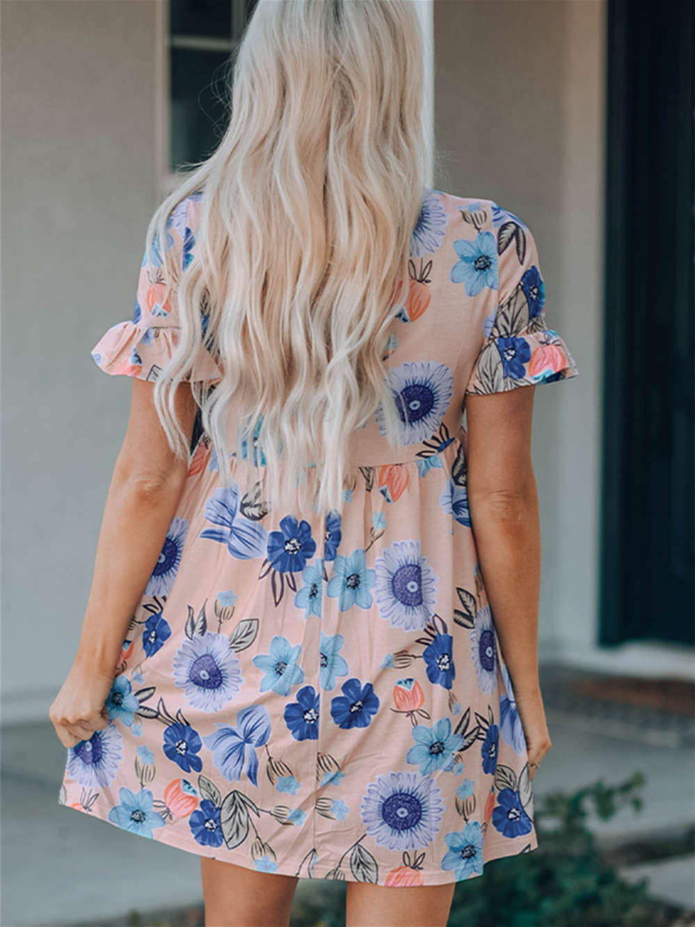 Ruffled Short Sleeve Floral Mini Dress