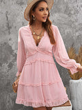 Layered Ruffled Open Back Puff Sleeve Swiss Dot Mini Dress
