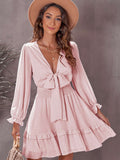 Deep V Neck Lantern Sleeve Knotted Tiered Mini Dress