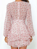 V Neck Baggy Sleeve Waist Tie Double Layer Ruffle Hem Floral Print Short Dress