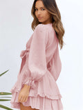 Deep V Neck Lantern Sleeve Knotted Tiered Mini Dress