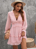 Layered Ruffled Open Back Puff Sleeve Swiss Dot Mini Dress