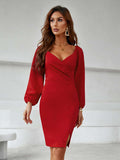 Wrapped Bodice Bubble Sleeve Bodycon Mini Dress with Slit