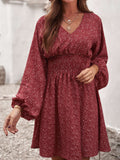 V Neck Balloon Sleeve Smocked Waist Printed Mini Dress