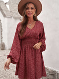 V Neck Balloon Sleeve Smocked Waist Printed Mini Dress