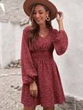 V Neck Balloon Sleeve Smocked Waist Printed Mini Dress