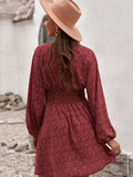 V Neck Balloon Sleeve Smocked Waist Printed Mini Dress