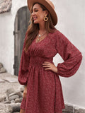 V Neck Balloon Sleeve Smocked Waist Printed Mini Dress