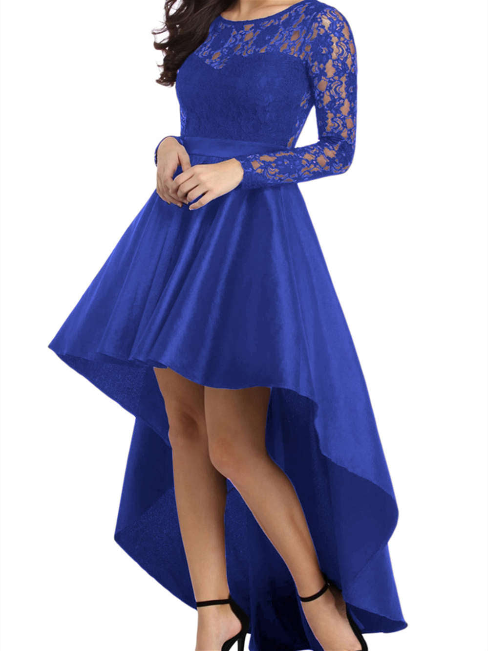 Long Sleeve Lace High Low Satin Party Evening Dress Prom Dress