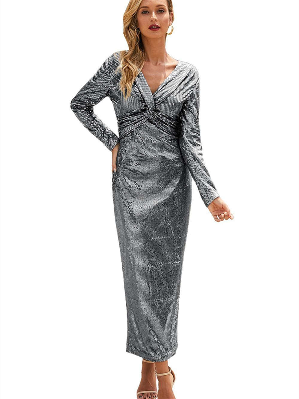 Long Sleeve V Neck Twist Ruched Sequin Prom Maxi Dress